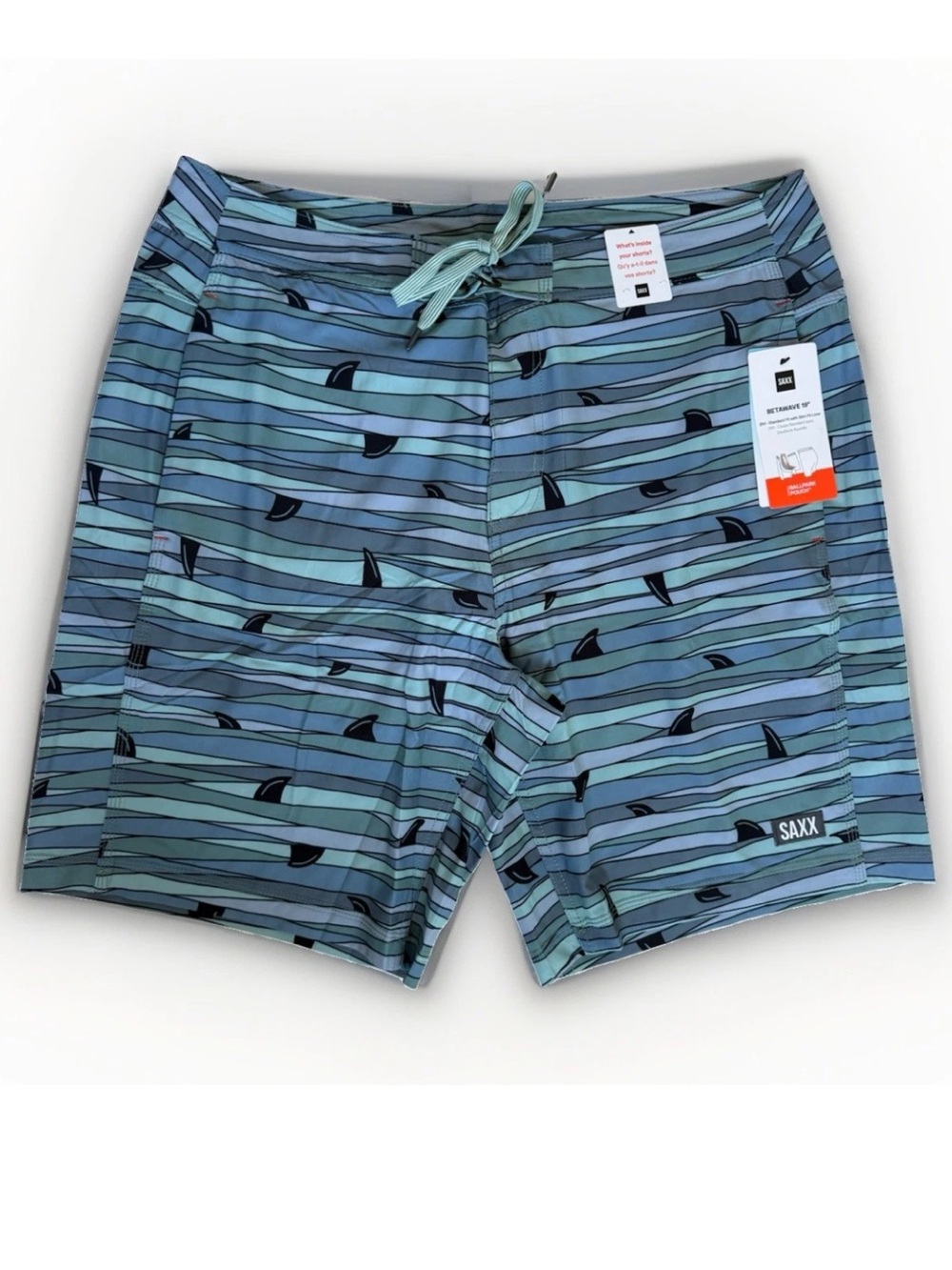 SAXX Betawave 2N1 Swim Shorts Board Shorts Shark Print Ball Park Pouch Size 36